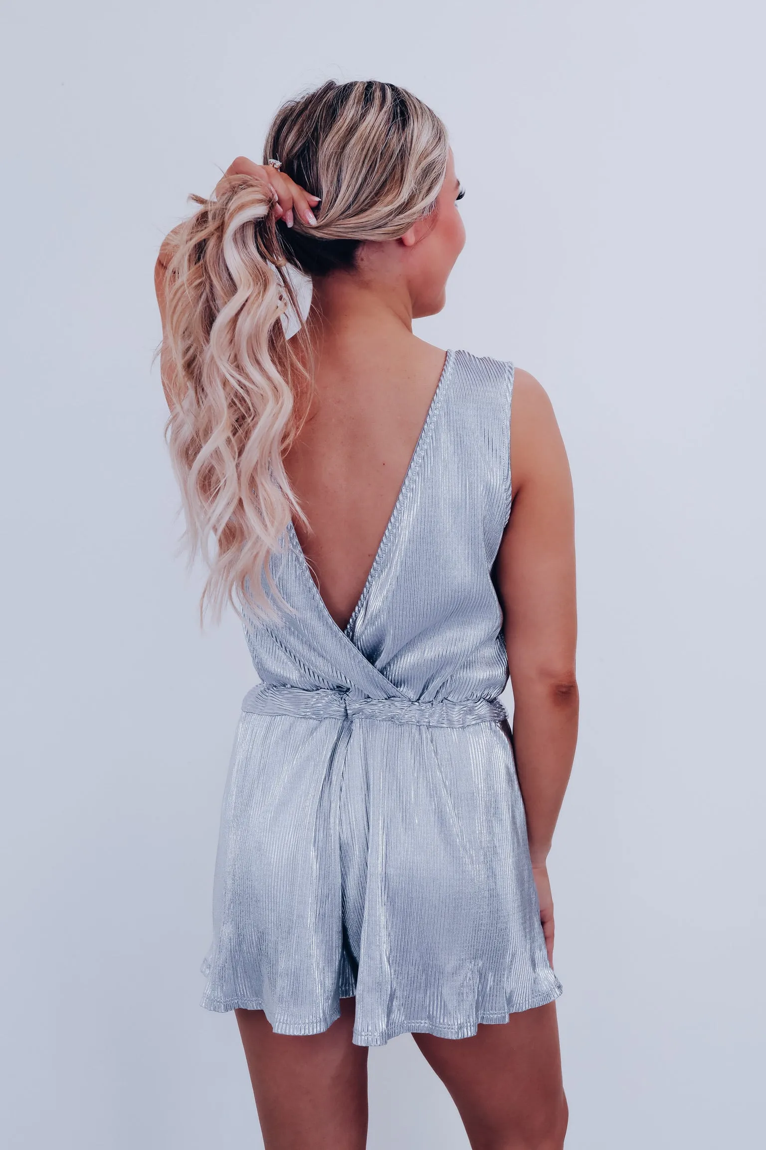 Parker Plisse Surplice Romper - Silver