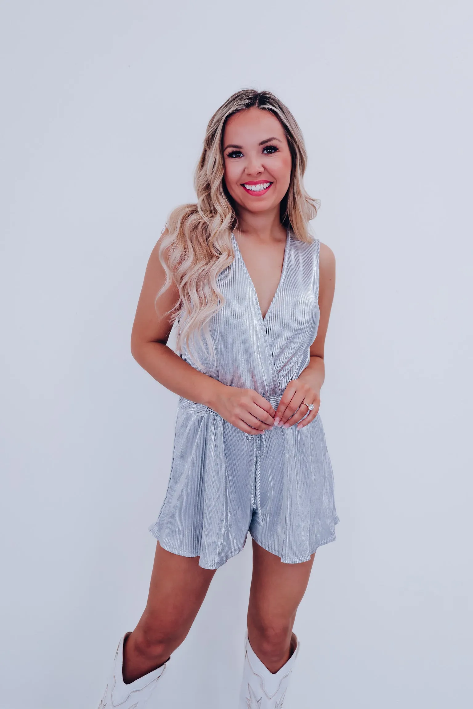 Parker Plisse Surplice Romper - Silver