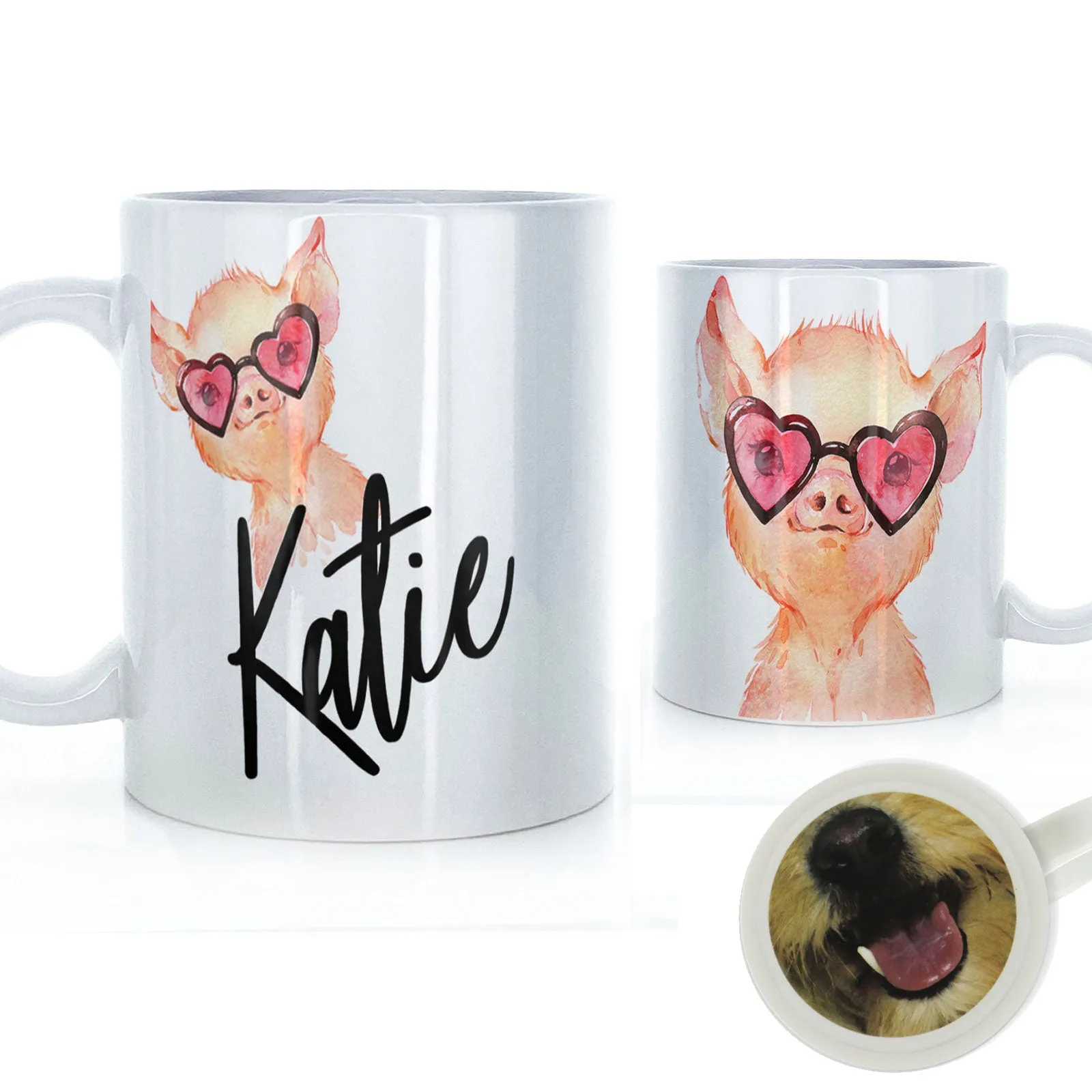 Personalised Mug with Stylish Text and Heart Glasses Pig