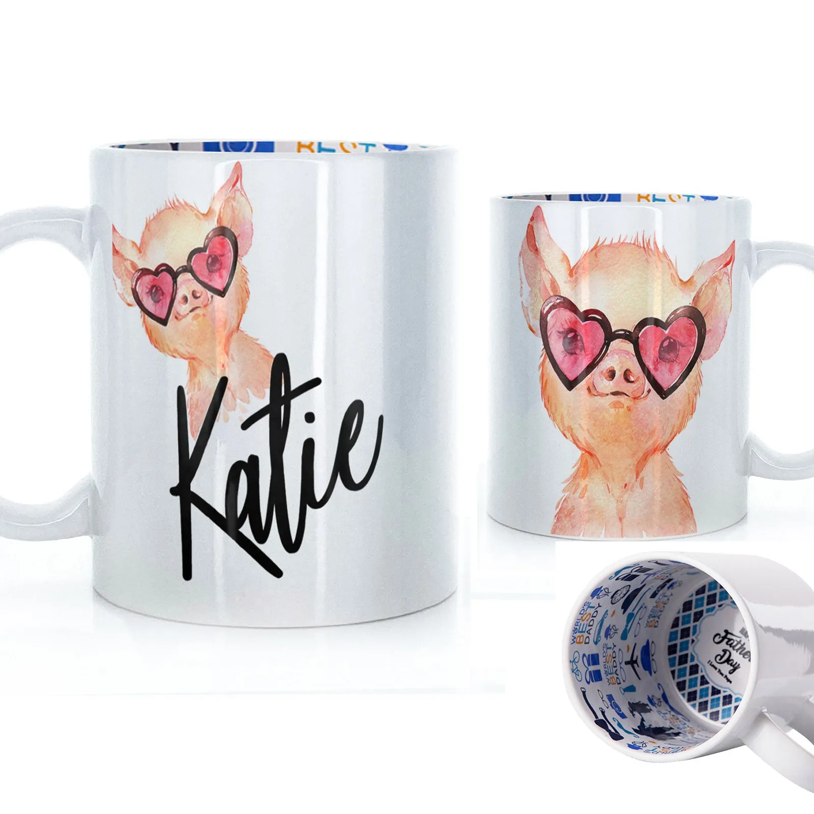 Personalised Mug with Stylish Text and Heart Glasses Pig