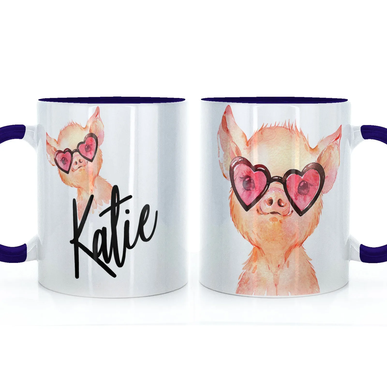 Personalised Mug with Stylish Text and Heart Glasses Pig