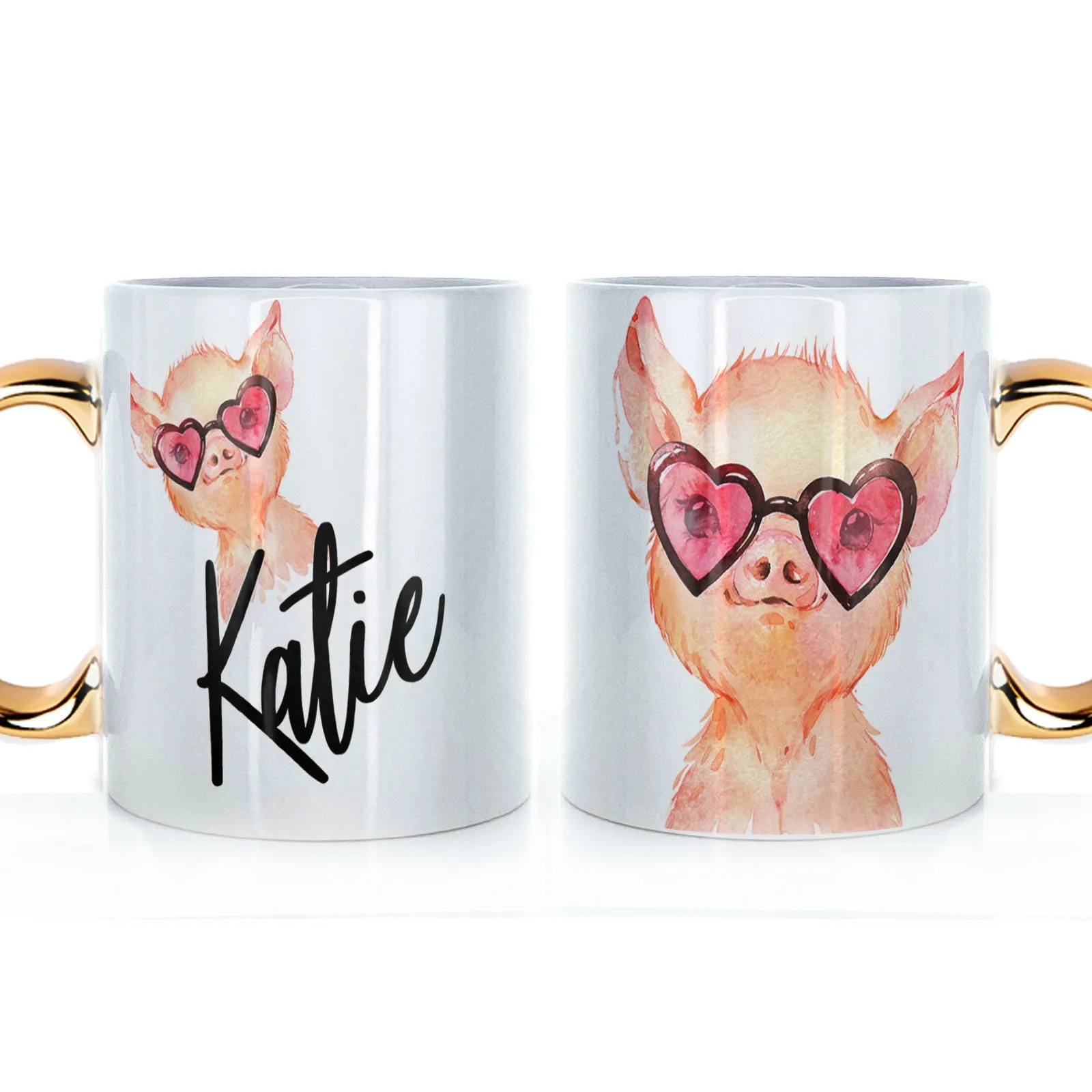 Personalised Mug with Stylish Text and Heart Glasses Pig
