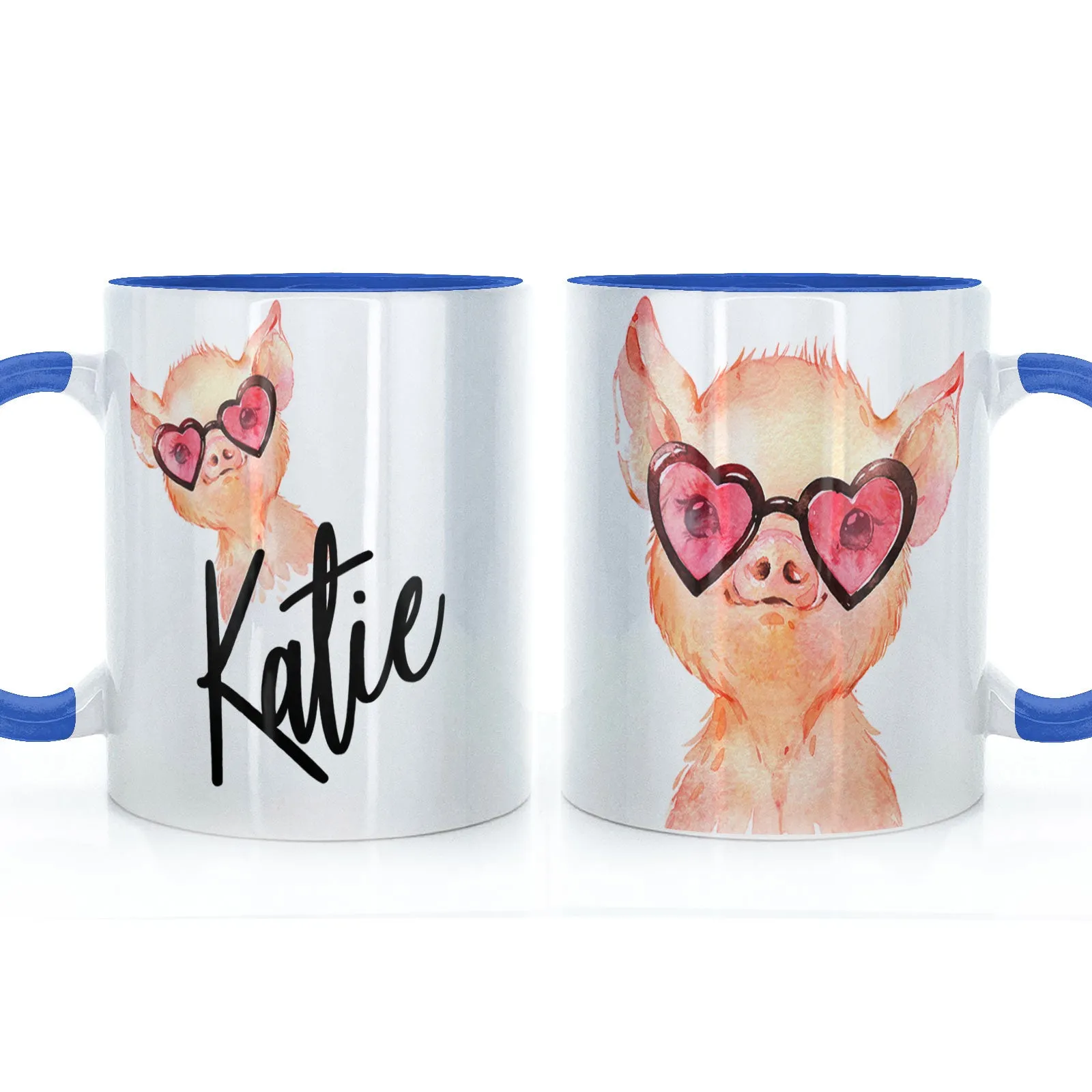 Personalised Mug with Stylish Text and Heart Glasses Pig