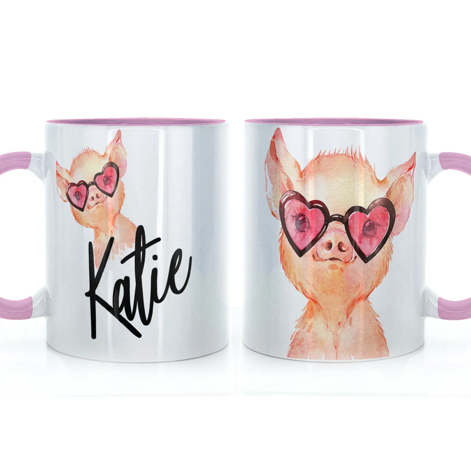 Personalised Mug with Stylish Text and Heart Glasses Pig