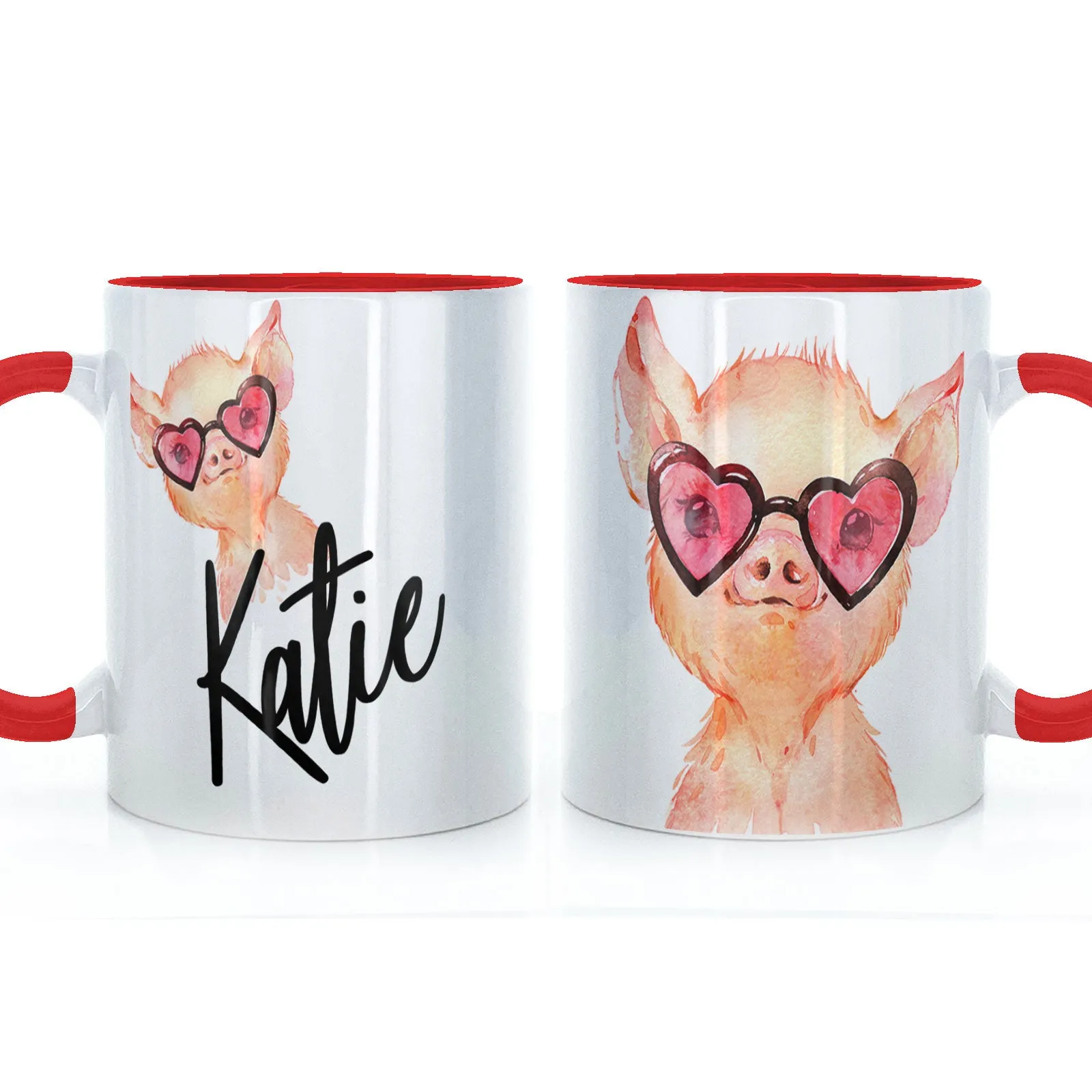 Personalised Mug with Stylish Text and Heart Glasses Pig