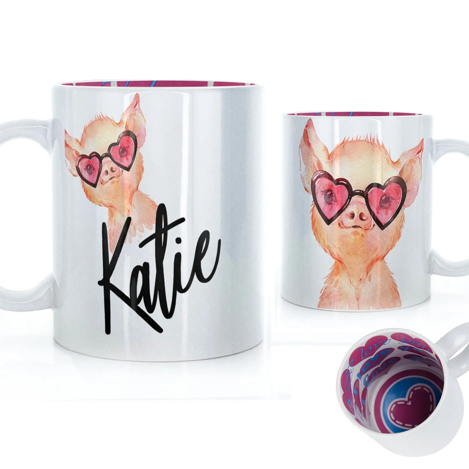 Personalised Mug with Stylish Text and Heart Glasses Pig
