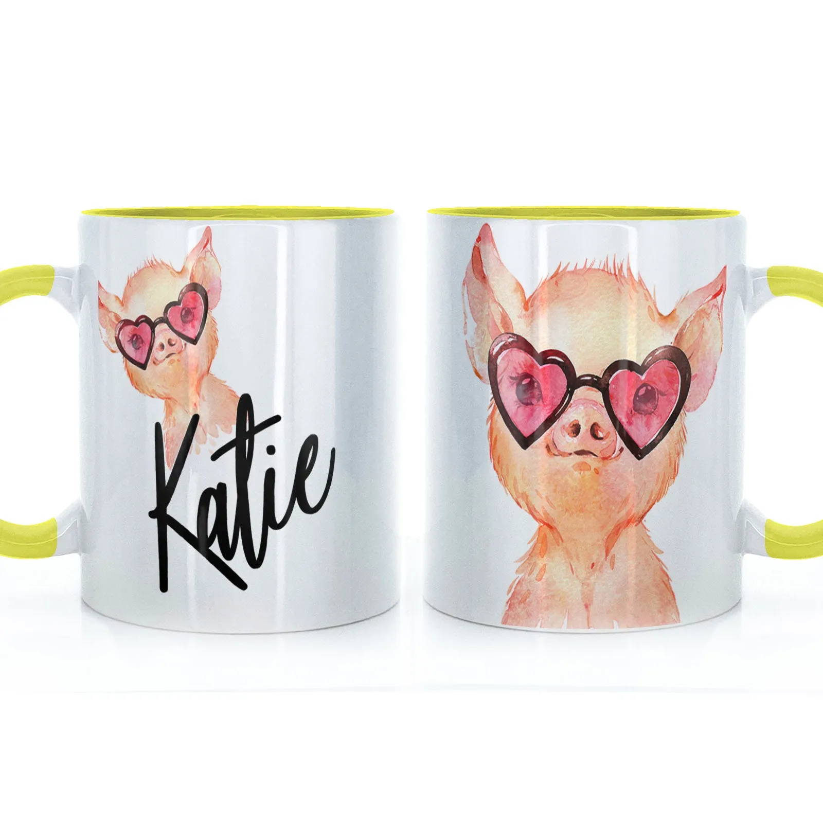 Personalised Mug with Stylish Text and Heart Glasses Pig