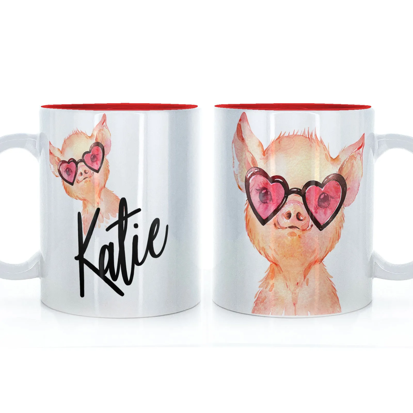 Personalised Mug with Stylish Text and Heart Glasses Pig