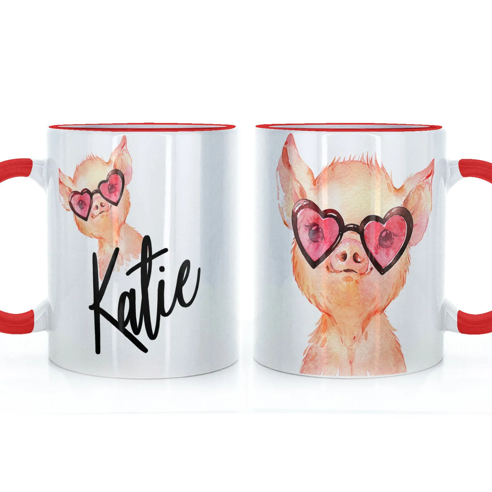 Personalised Mug with Stylish Text and Heart Glasses Pig