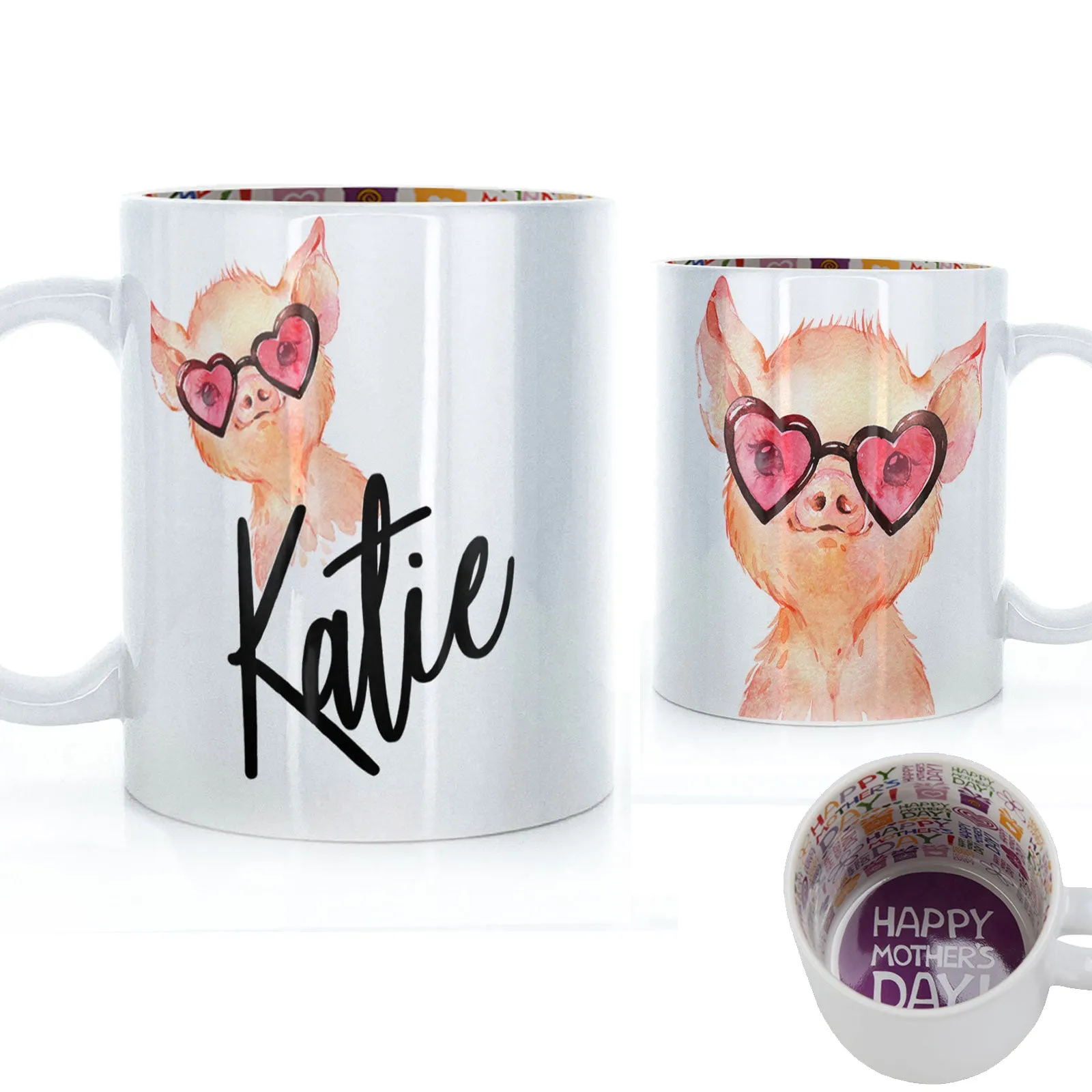 Personalised Mug with Stylish Text and Heart Glasses Pig