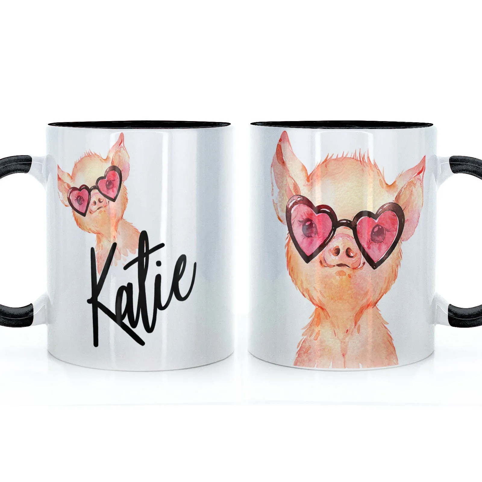 Personalised Mug with Stylish Text and Heart Glasses Pig