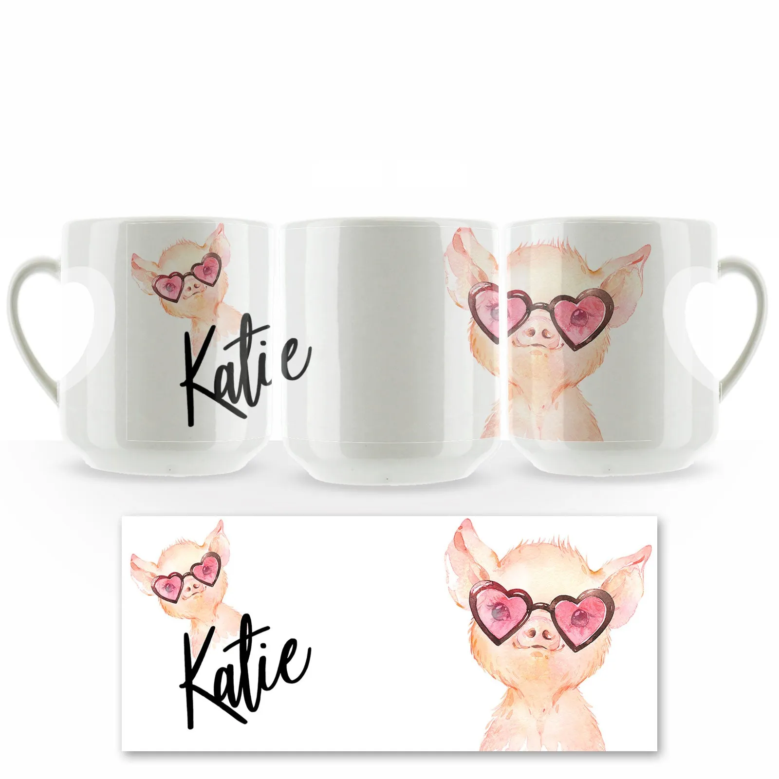 Personalised Mug with Stylish Text and Heart Glasses Pig