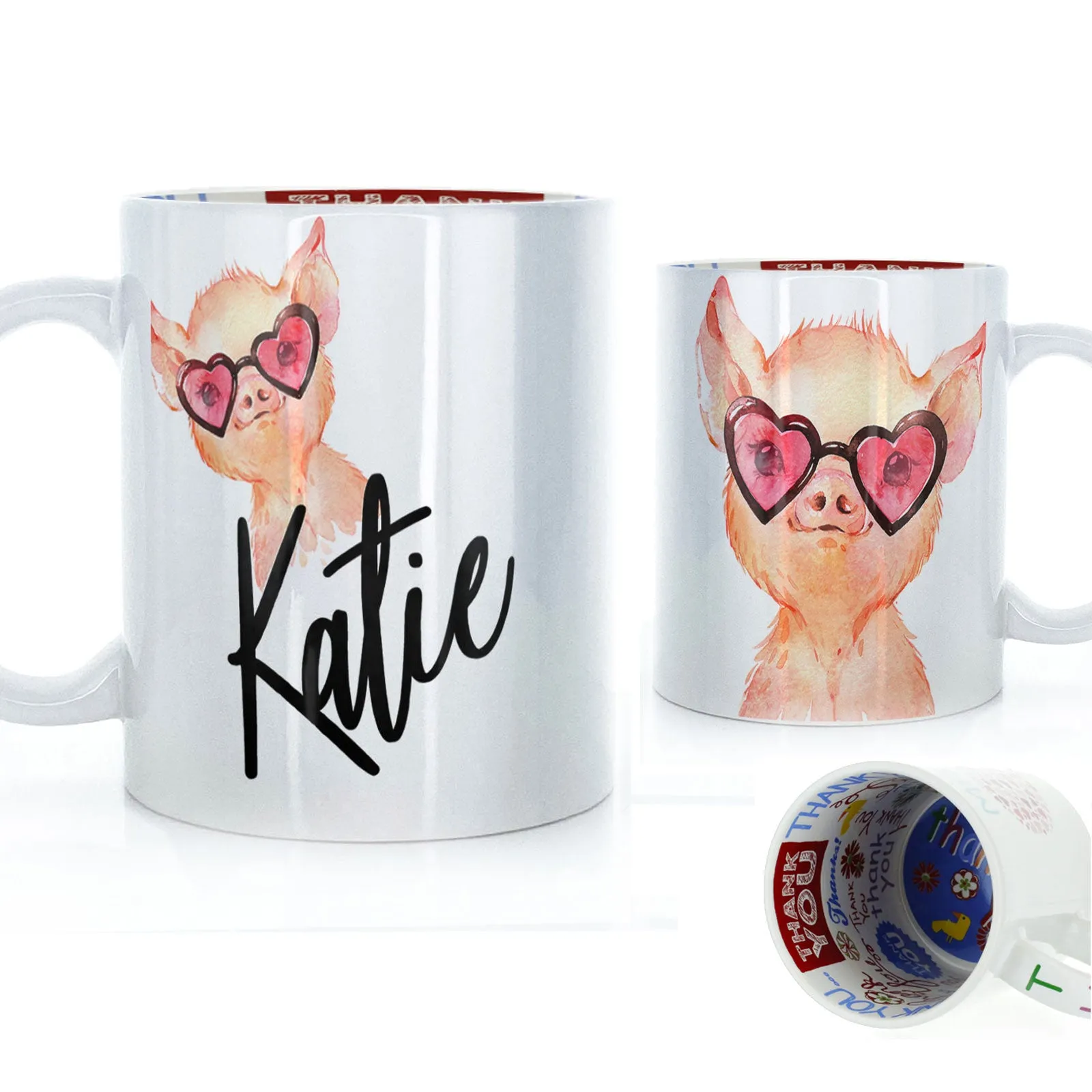 Personalised Mug with Stylish Text and Heart Glasses Pig