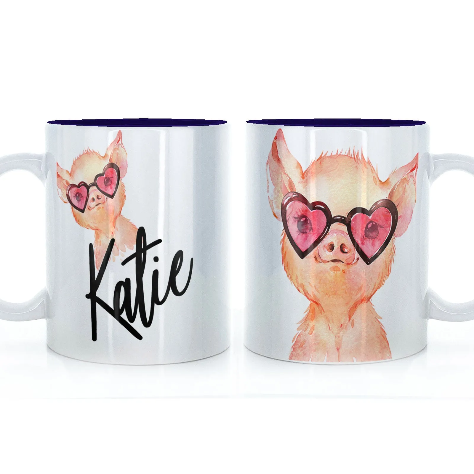 Personalised Mug with Stylish Text and Heart Glasses Pig