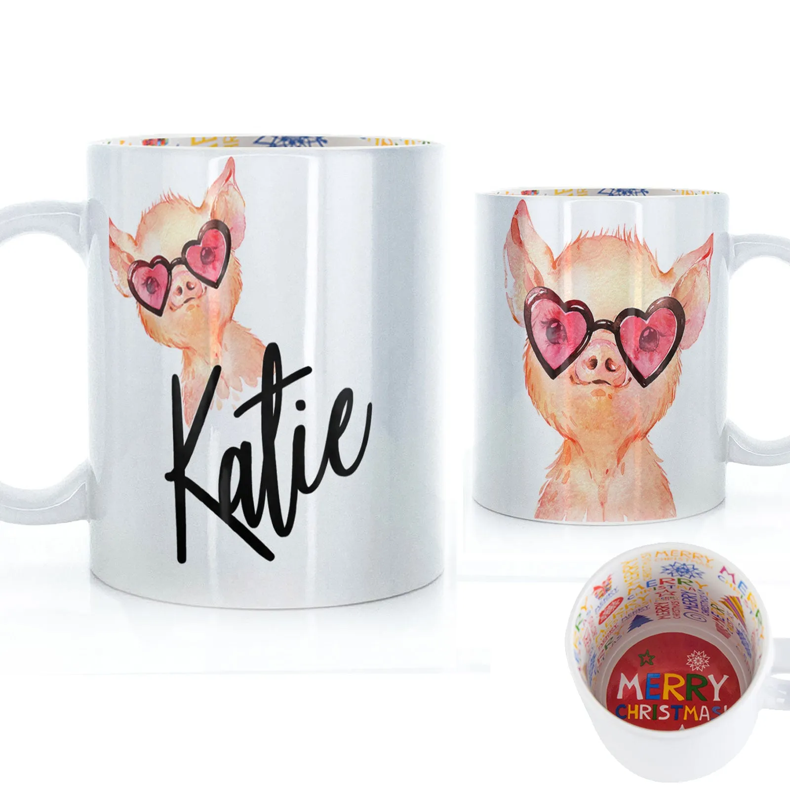 Personalised Mug with Stylish Text and Heart Glasses Pig