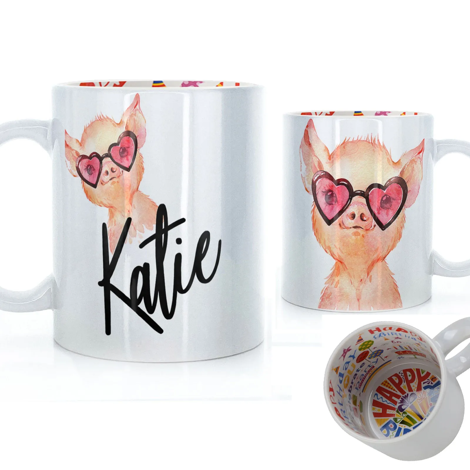 Personalised Mug with Stylish Text and Heart Glasses Pig