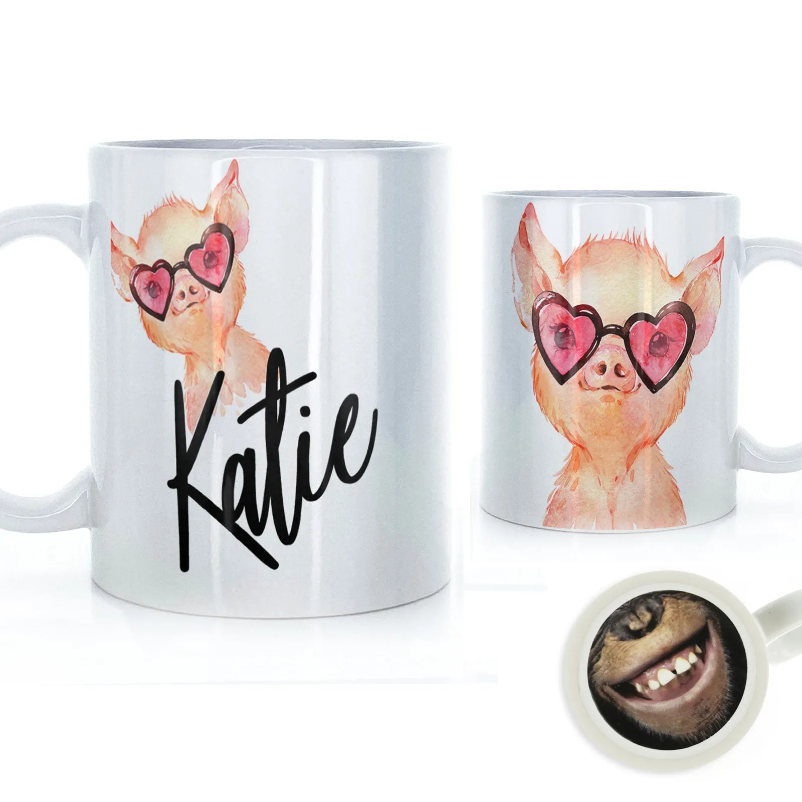Personalised Mug with Stylish Text and Heart Glasses Pig