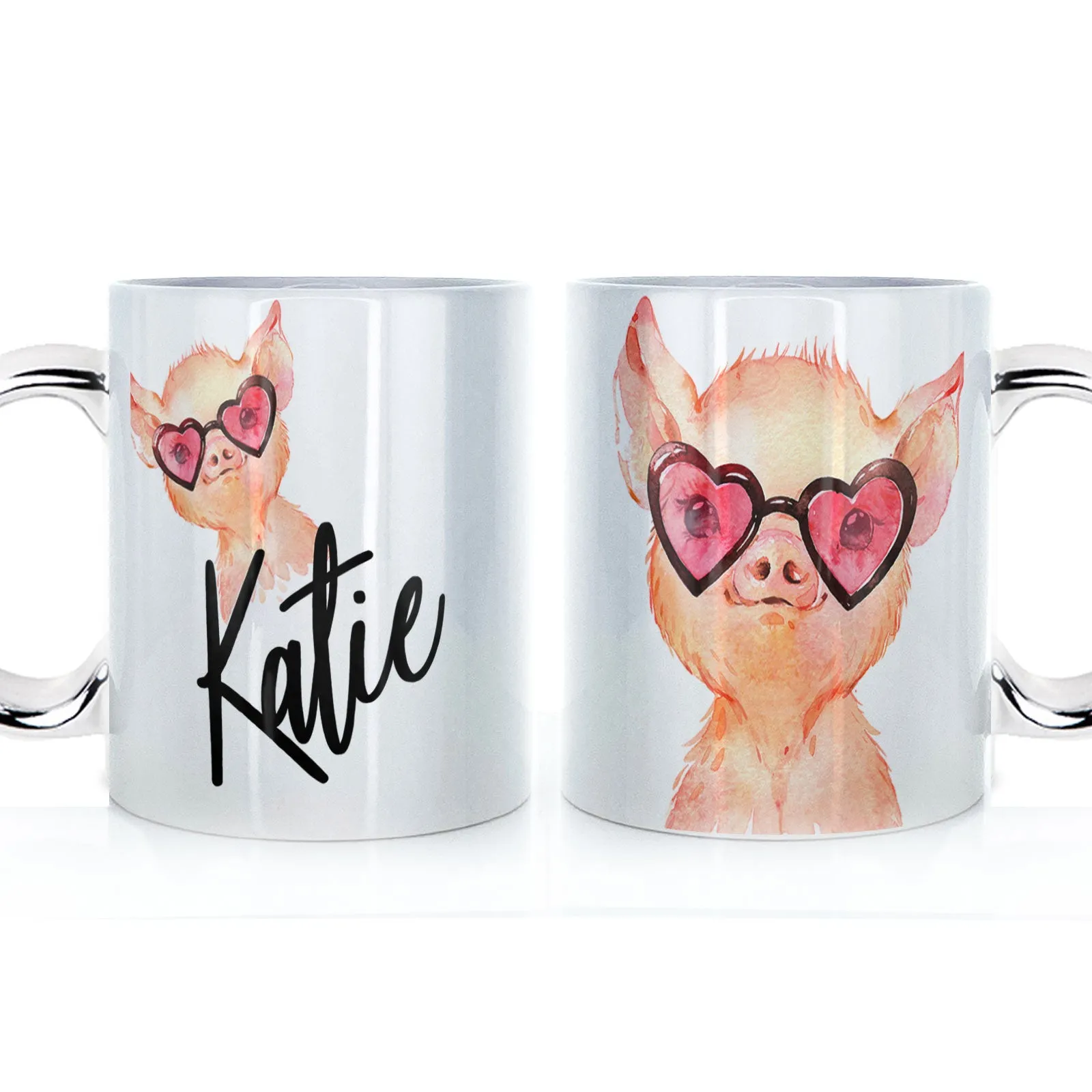 Personalised Mug with Stylish Text and Heart Glasses Pig