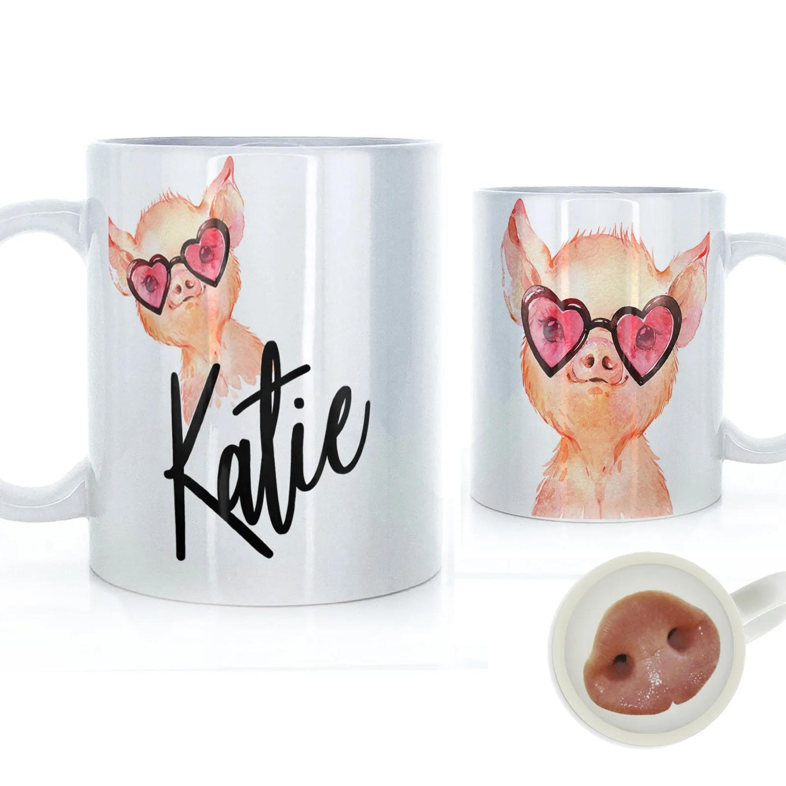 Personalised Mug with Stylish Text and Heart Glasses Pig