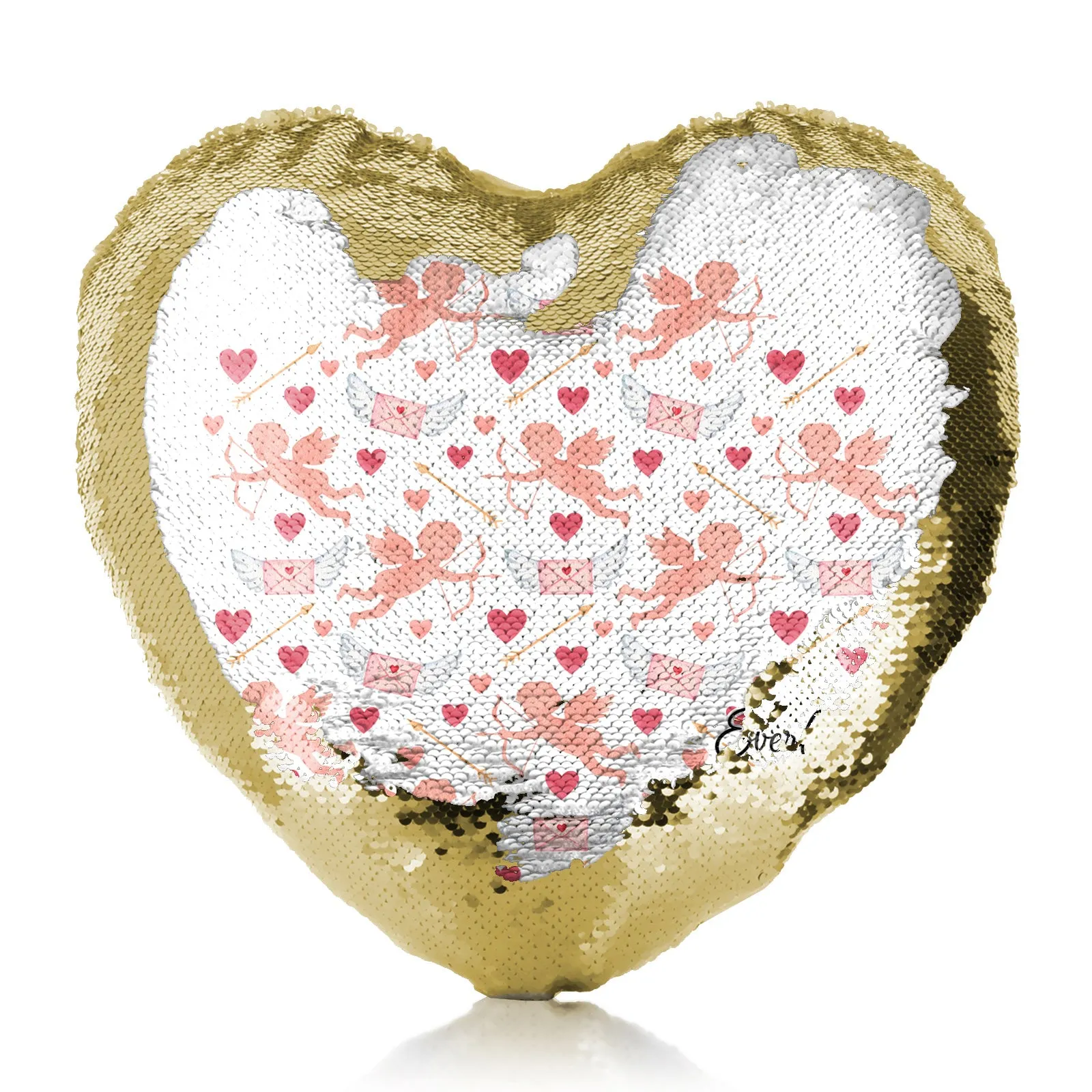 Personalised Sequin Heart Cushion with Stylish Text and Cupid Hearts Print