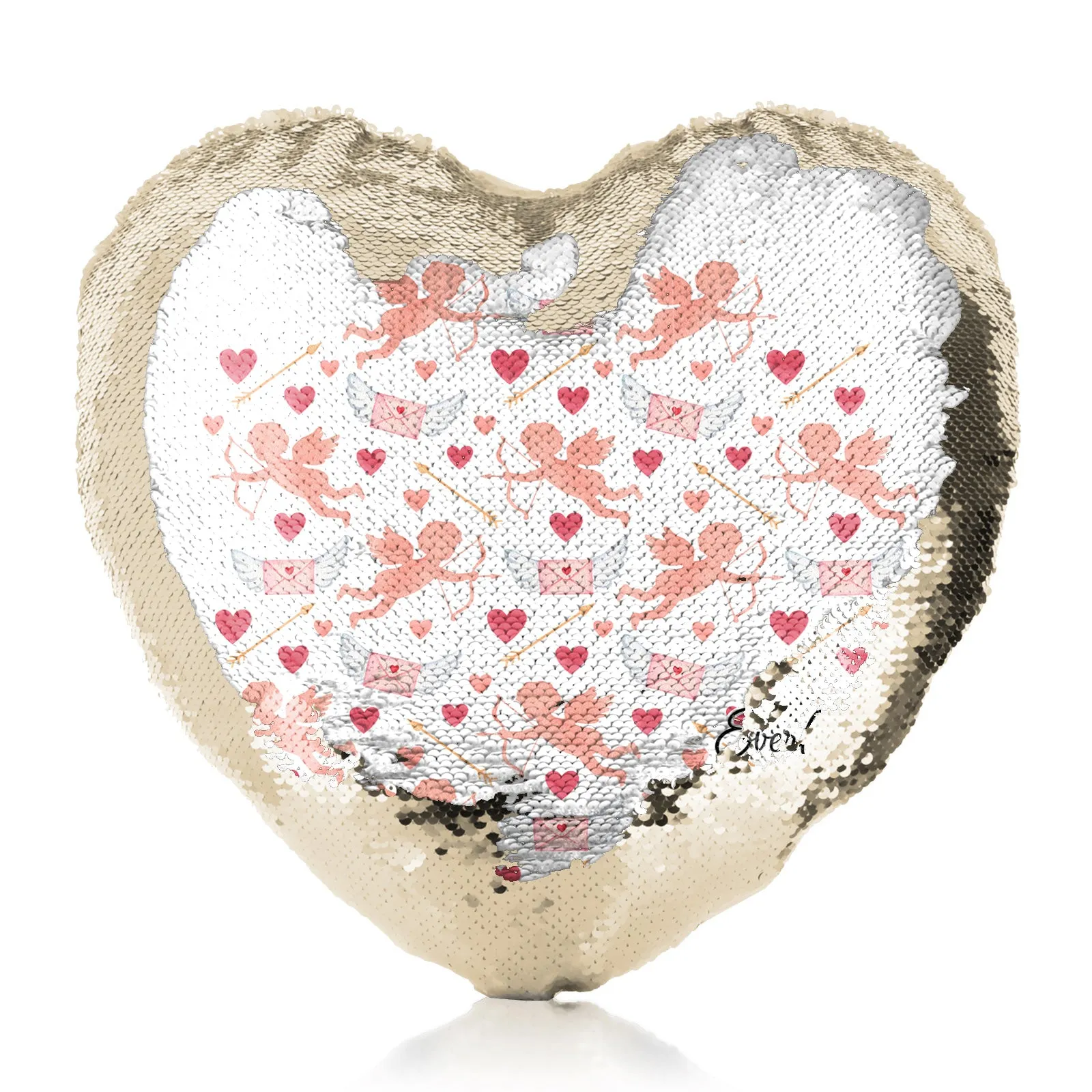 Personalised Sequin Heart Cushion with Stylish Text and Cupid Hearts Print