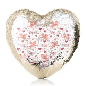 Personalised Sequin Heart Cushion with Stylish Text and Cupid Hearts Print