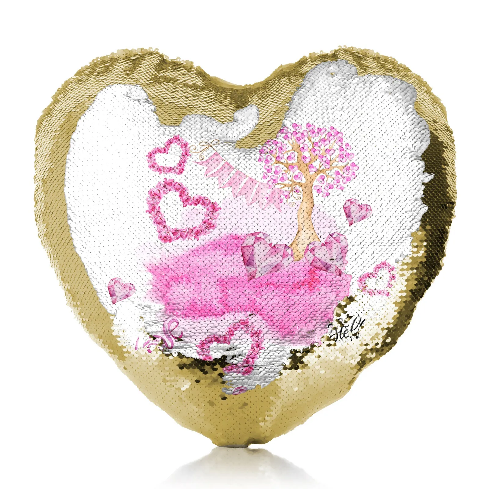 Personalised Sequin Heart Cushion with Stylish Text and Pink Love Landscape Print