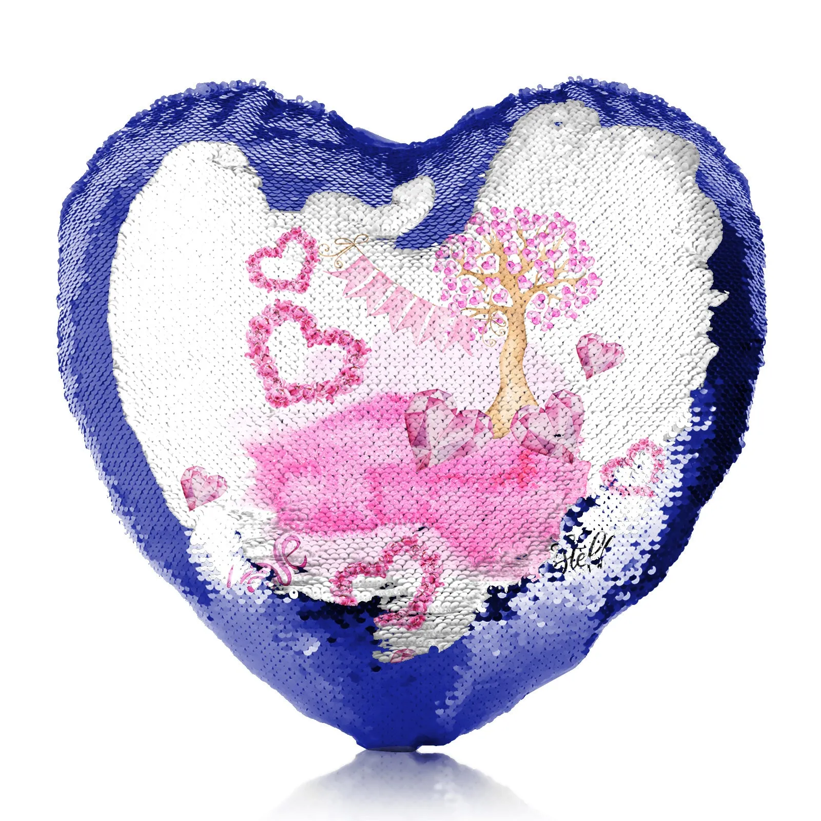 Personalised Sequin Heart Cushion with Stylish Text and Pink Love Landscape Print