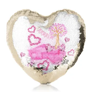 Personalised Sequin Heart Cushion with Stylish Text and Pink Love Landscape Print