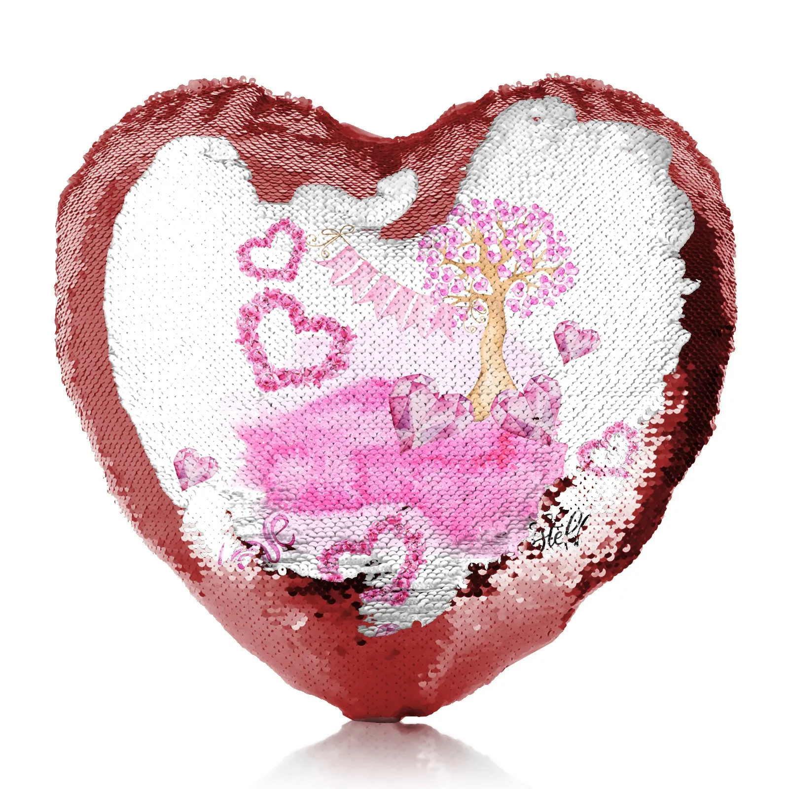 Personalised Sequin Heart Cushion with Stylish Text and Pink Love Landscape Print