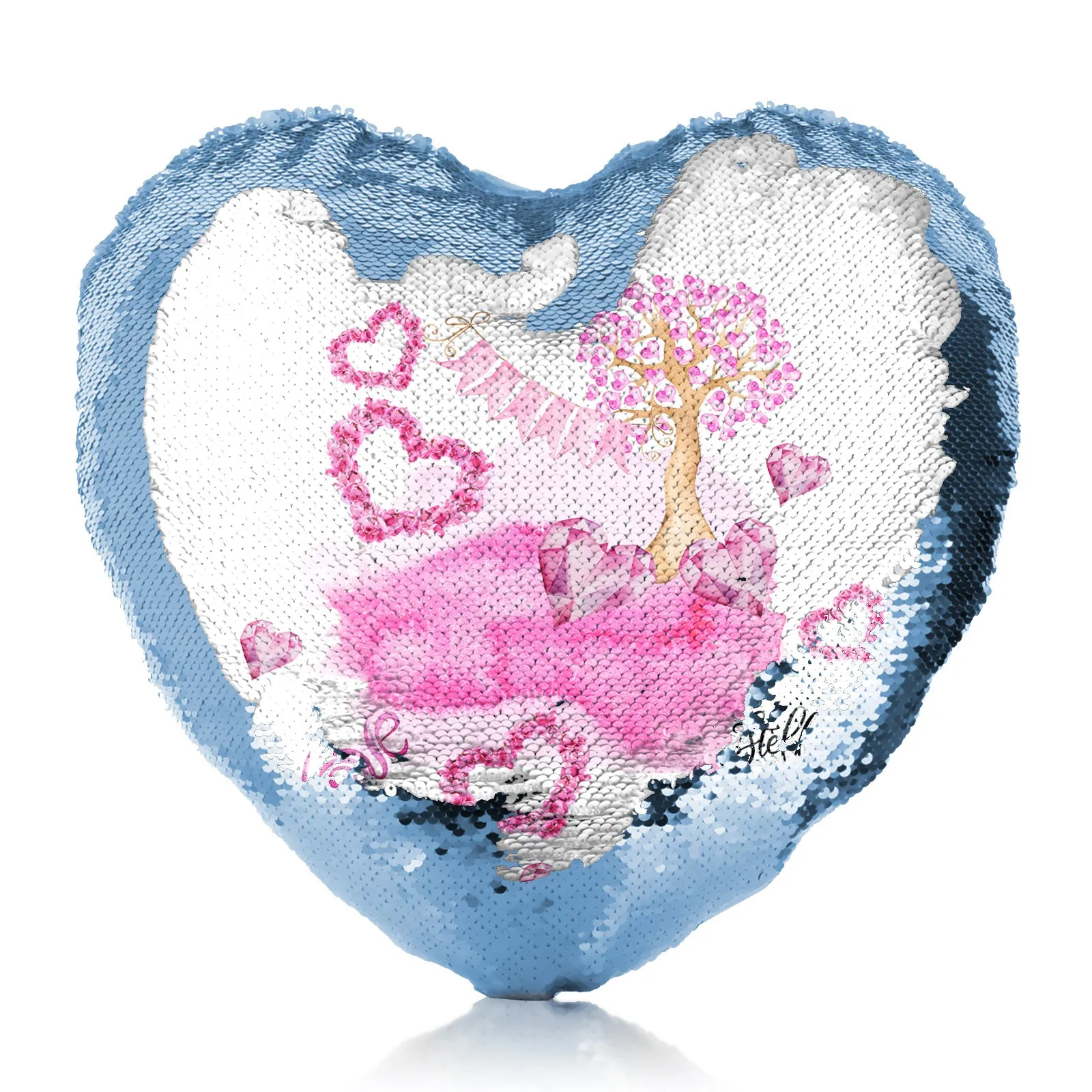 Personalised Sequin Heart Cushion with Stylish Text and Pink Love Landscape Print