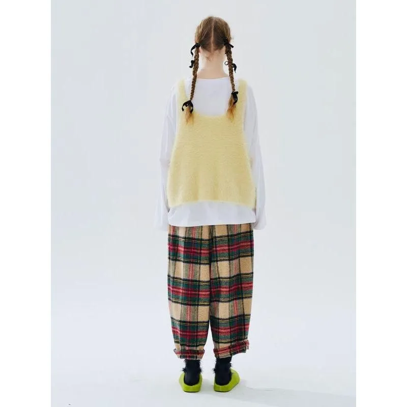 Plaid Wool-Blend Wide Leg Trousers for Women