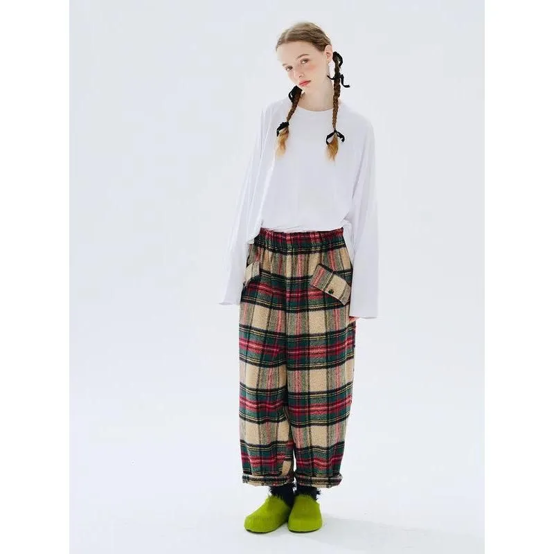 Plaid Wool-Blend Wide Leg Trousers for Women