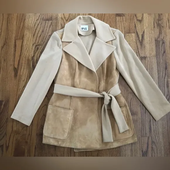 PSI Vintage Tan Suede Belted Women’s Wrap Nehru Jacket Coat 1970s Women’s S / M