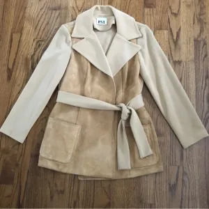 PSI Vintage Tan Suede Belted Women’s Wrap Nehru Jacket Coat 1970s Women’s S / M