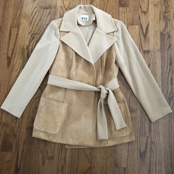PSI Vintage Tan Suede Belted Women’s Wrap Nehru Jacket Coat 1970s Women’s S / M