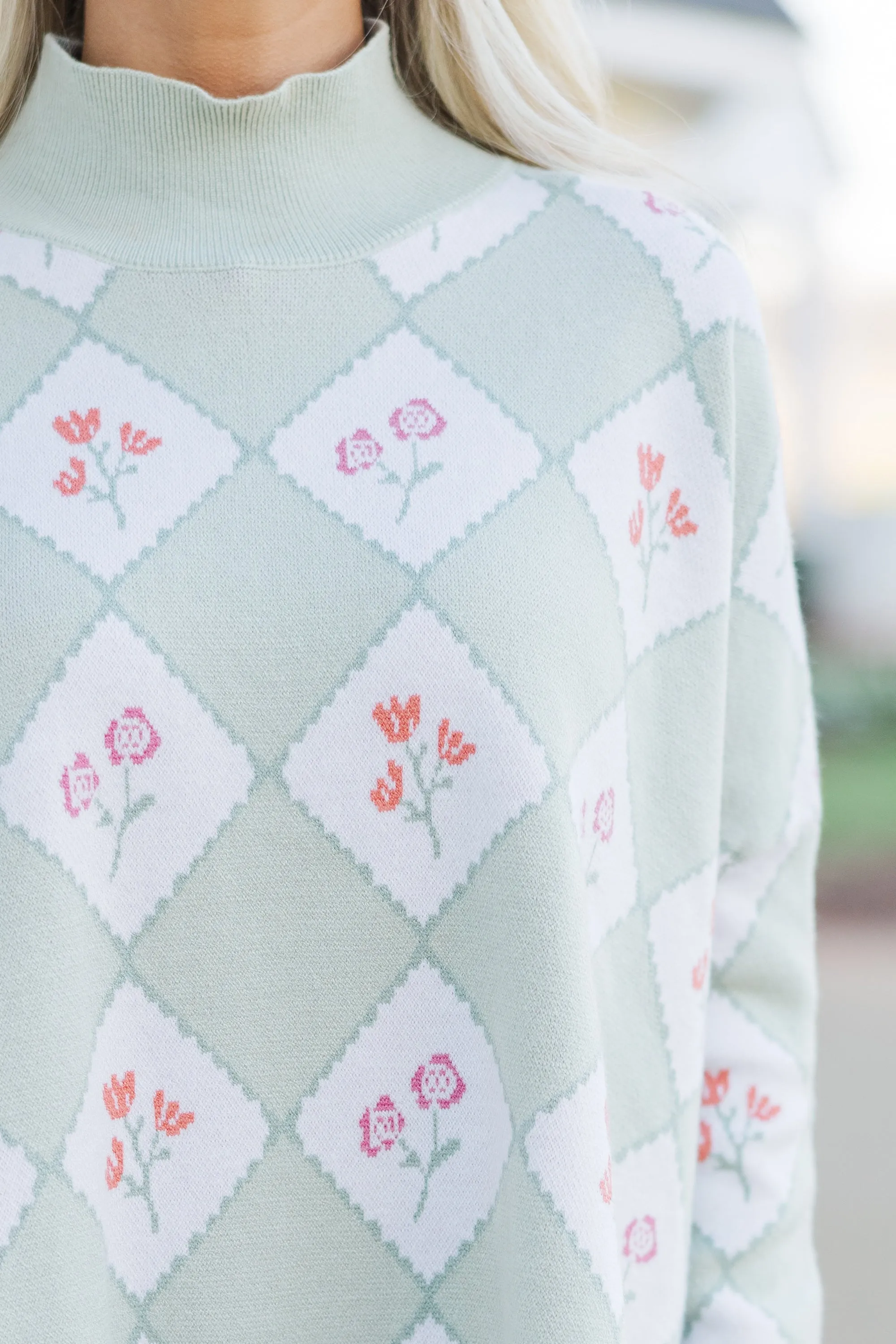 Quick Decisions Sage Green Floral Argyle Sweater