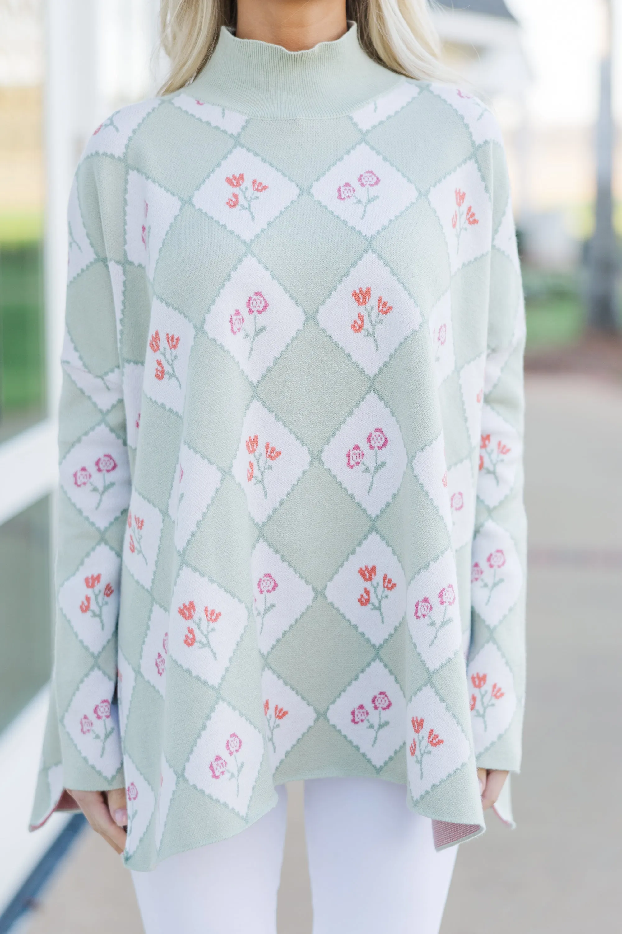 Quick Decisions Sage Green Floral Argyle Sweater
