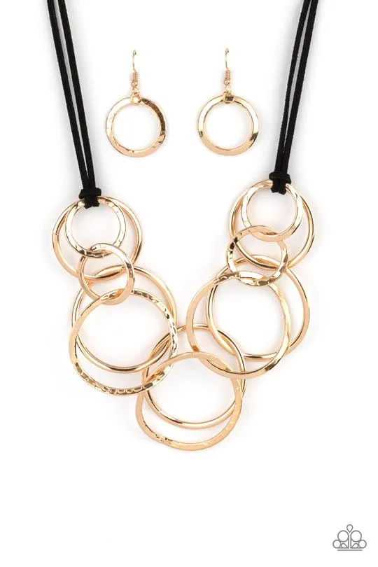 "Spiraling Out of Couture" Black Leather Corded Gold Metal Multi Circle Necklace