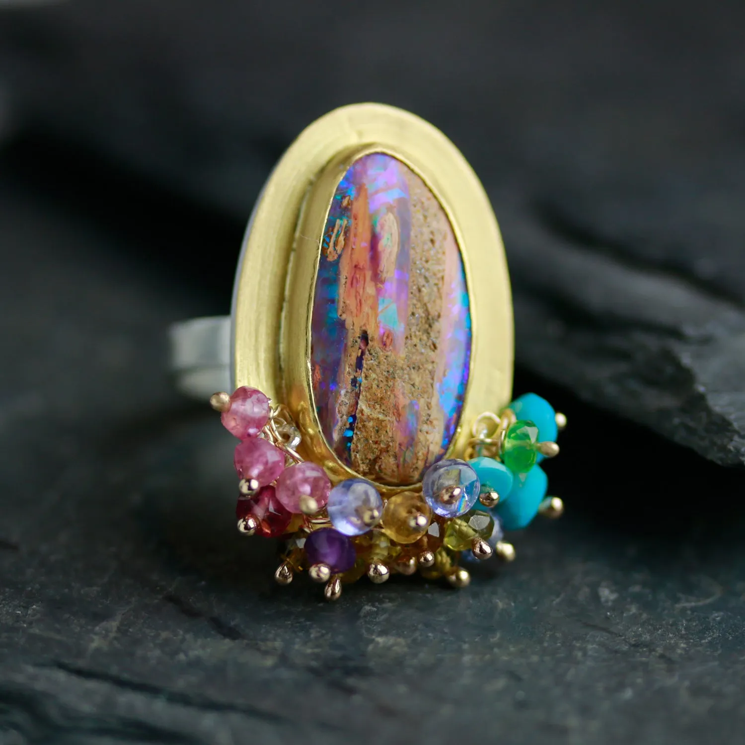 SOLD   Fossilized Wood Opal Tall Oval Ring with Turquoise and Tourmaline Fringe. Size 7 3/4.