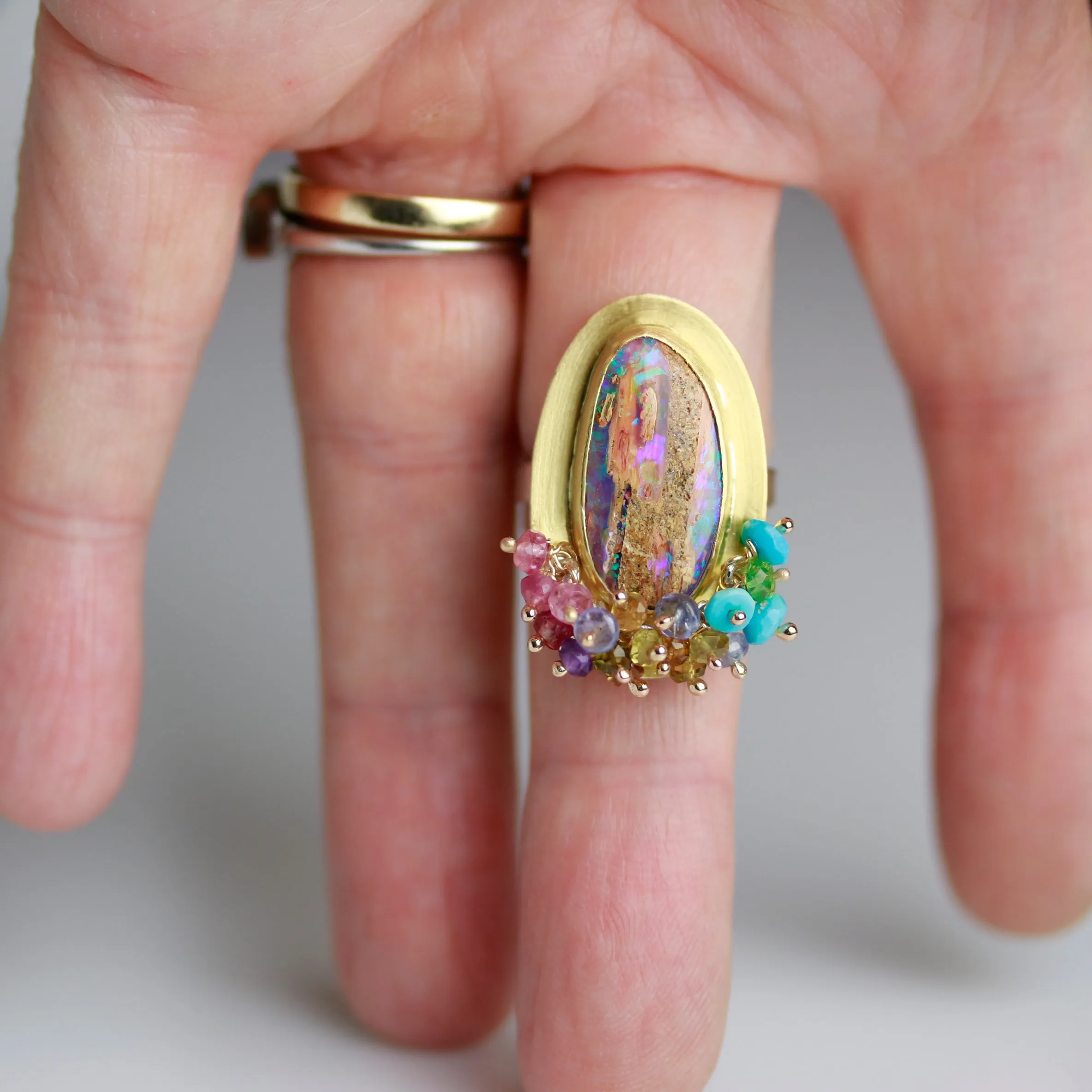 SOLD   Fossilized Wood Opal Tall Oval Ring with Turquoise and Tourmaline Fringe. Size 7 3/4.