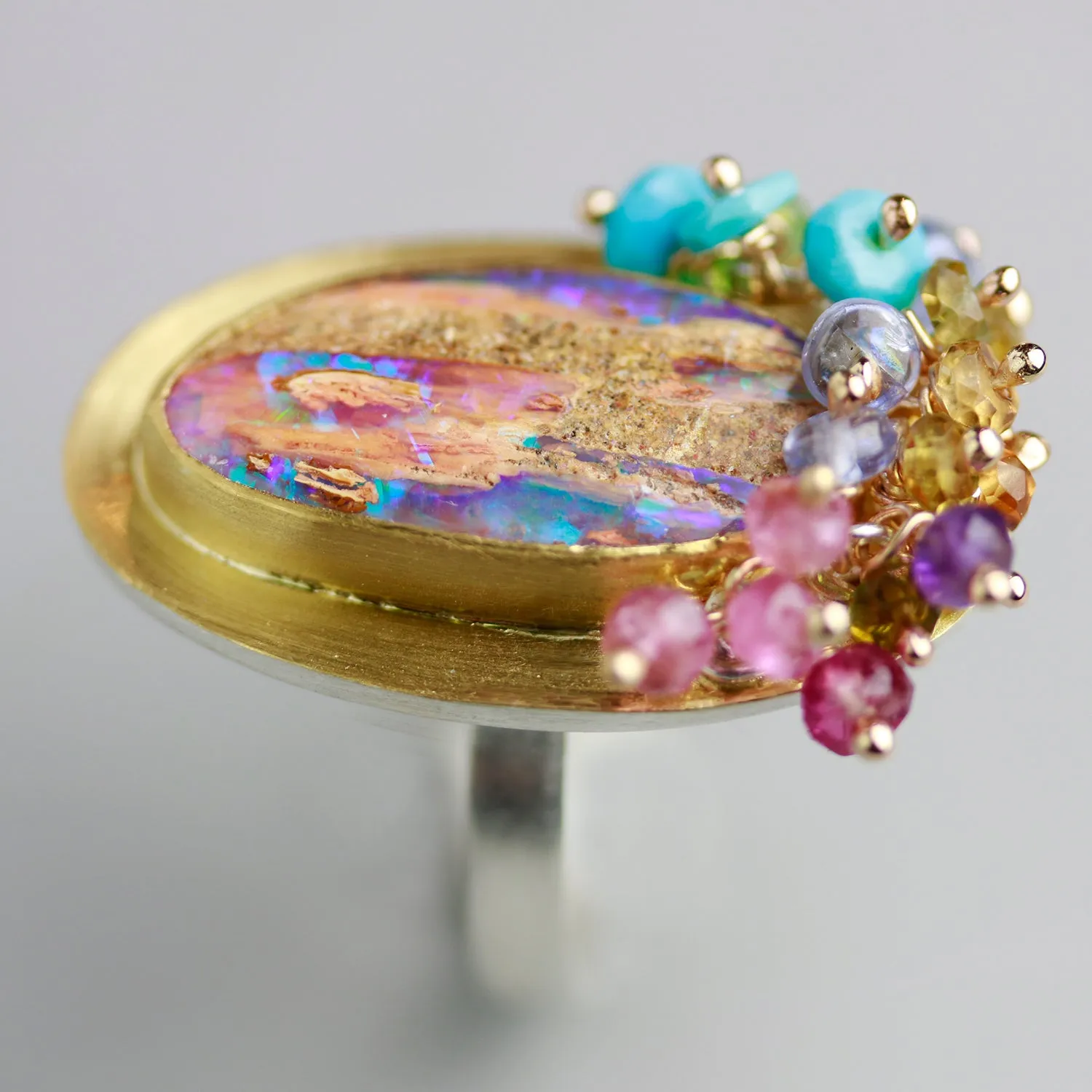 SOLD   Fossilized Wood Opal Tall Oval Ring with Turquoise and Tourmaline Fringe. Size 7 3/4.
