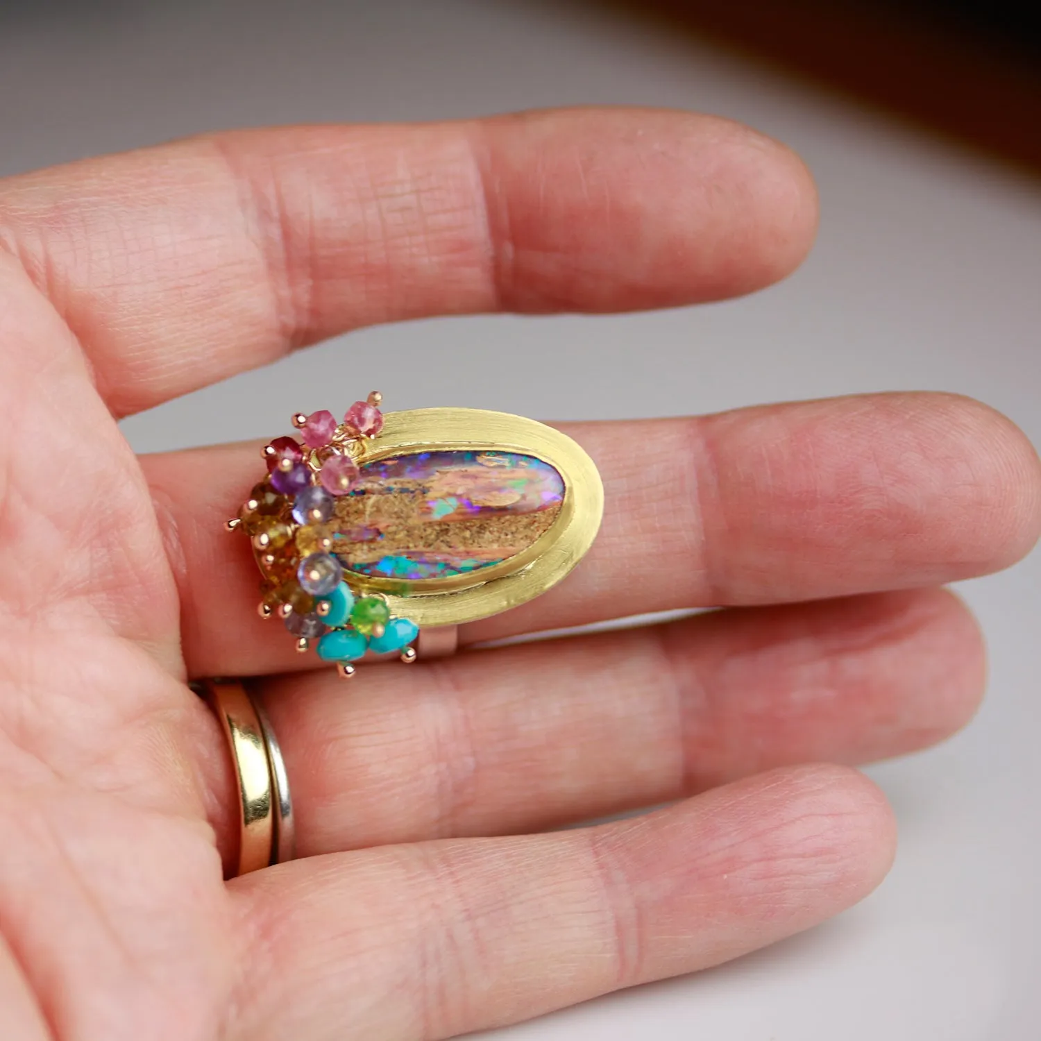 SOLD   Fossilized Wood Opal Tall Oval Ring with Turquoise and Tourmaline Fringe. Size 7 3/4.