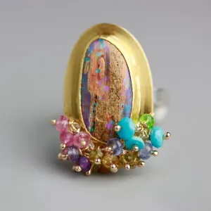SOLD   Fossilized Wood Opal Tall Oval Ring with Turquoise and Tourmaline Fringe. Size 7 3/4.