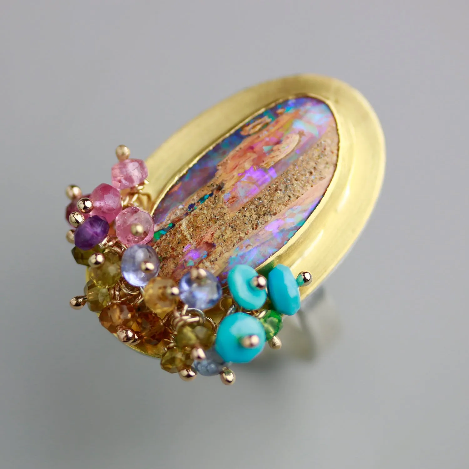 SOLD   Fossilized Wood Opal Tall Oval Ring with Turquoise and Tourmaline Fringe. Size 7 3/4.