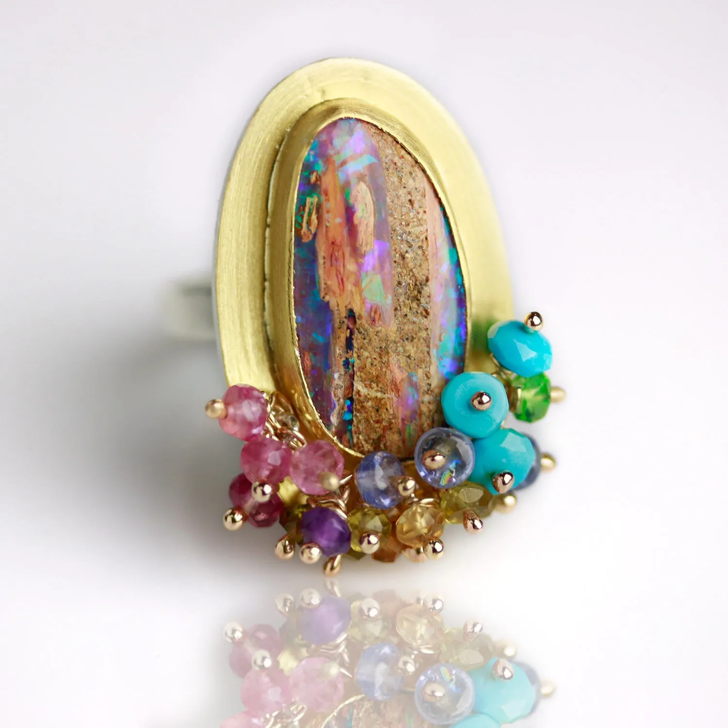 SOLD   Fossilized Wood Opal Tall Oval Ring with Turquoise and Tourmaline Fringe. Size 7 3/4.