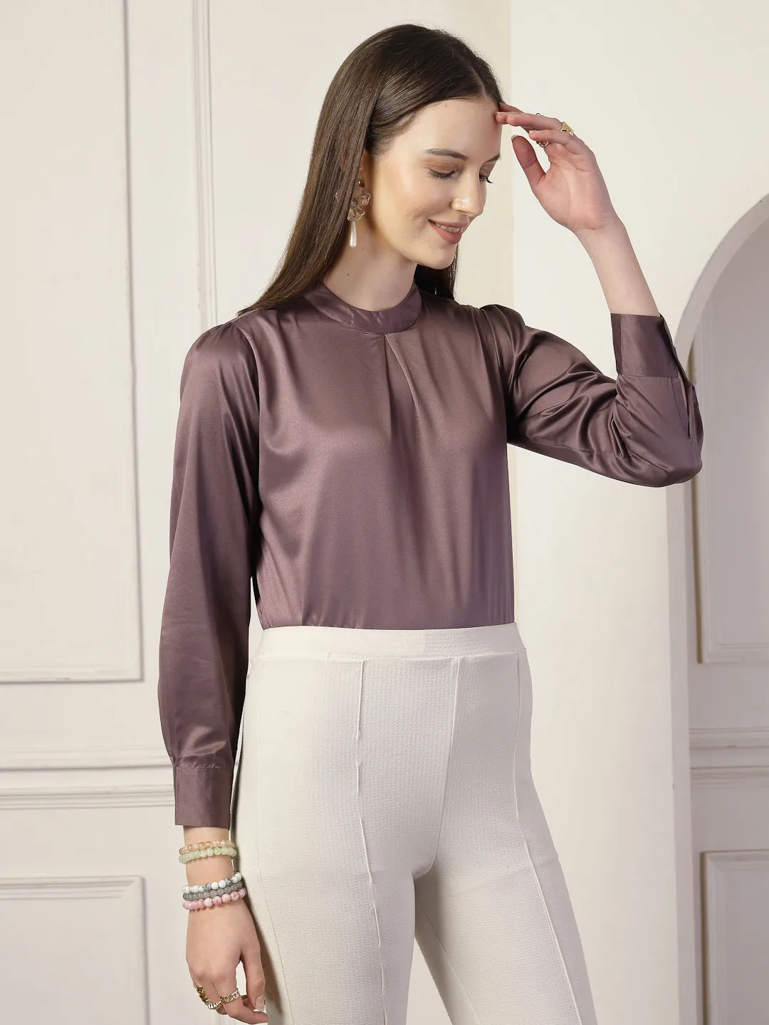 Style Quotient Women Solid Mauve Satin Regular Pleated Top