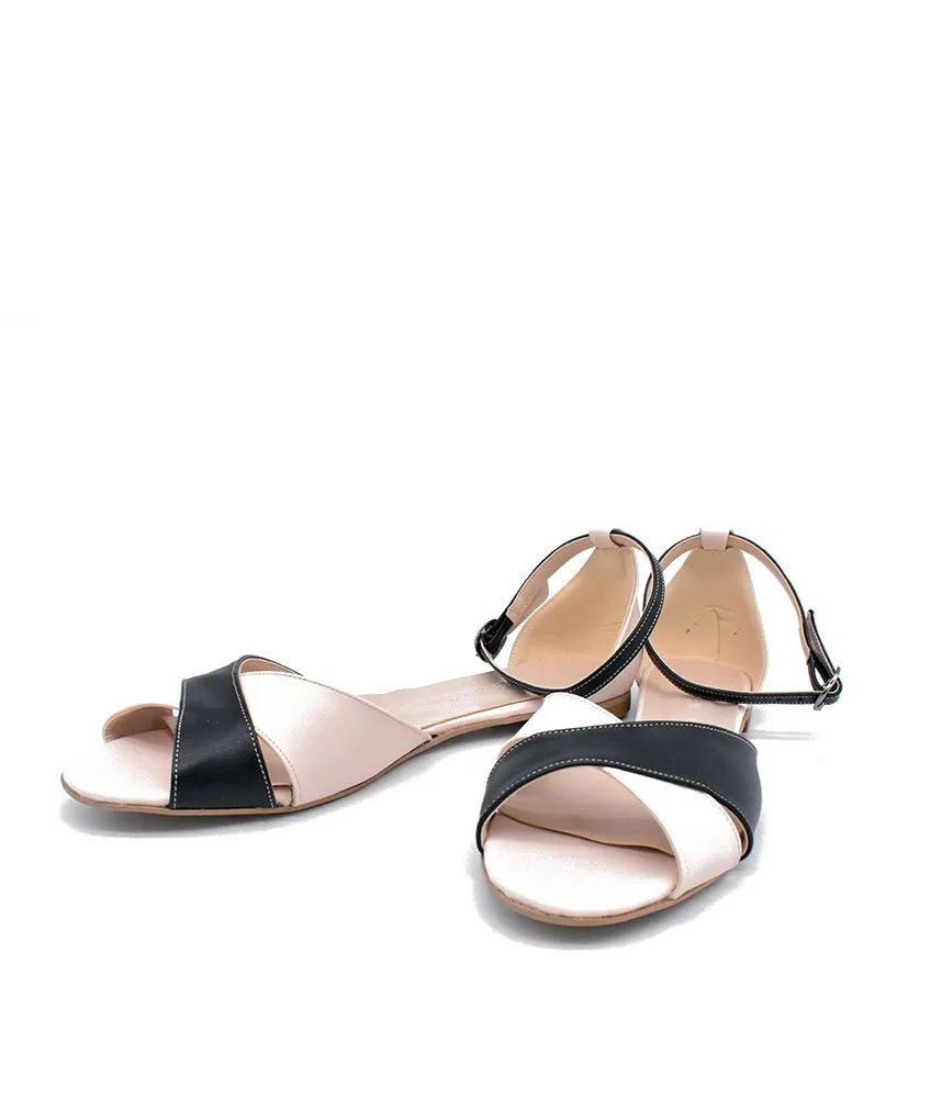 Stylish Black/Beige Ankle Strap Peep Toe Flats
