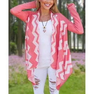 Stylish Collarless Long Sleeve Zigzag Women's Thin Cardigan - Watermelon Red Xl