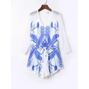 Stylish V-Neck Long Sleeve Floral Print Drawstring Design Women's Playsuit - White L